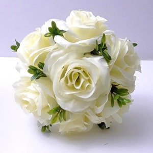 3 Pcs Set Ivory Roses Wedding Bouquet, Ivory Rose Cake Topper, Ivory, Cream Bouquet. Mini Rose Bouquet, Toss Bouquet