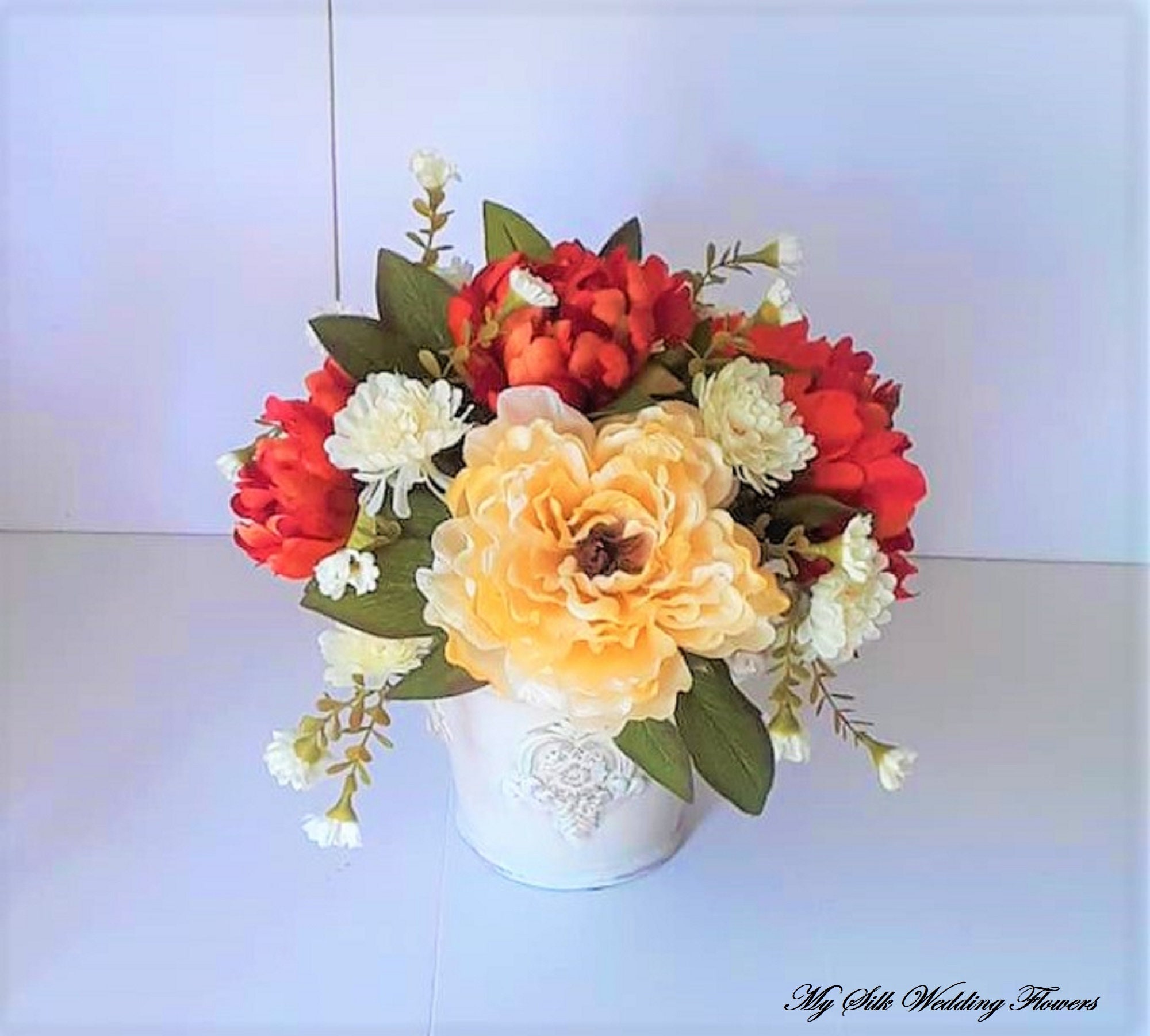 Peony Centerpiece Peony Arrangement Rustic Red Orange Flower Etsy