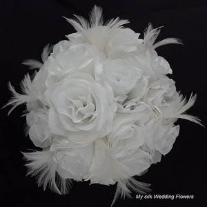 White Roses Bouquet, White Feather Bouquet, White Wedding Bouquet, Roses and Feather Wedding Bouquet, Roses and Feathers Centerpiece image 3