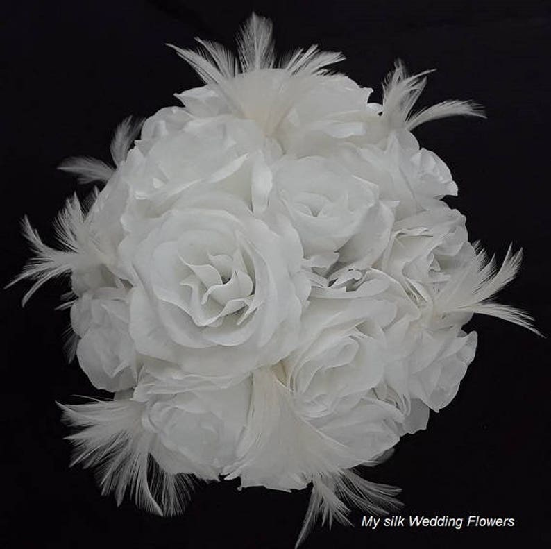 White Roses Bouquet, White Feather Bouquet, White Wedding Bouquet, Roses and Feather Wedding Bouquet, Roses and Feathers Centerpiece image 3