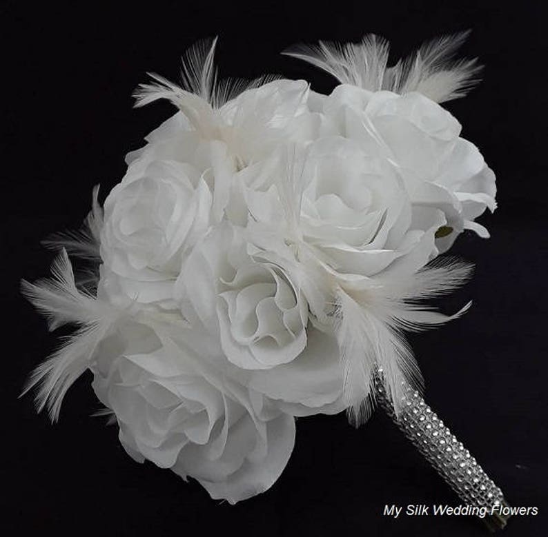 White Roses Bouquet, White Feather Bouquet, White Wedding Bouquet, Roses and Feather Wedding Bouquet, Roses and Feathers Centerpiece image 2