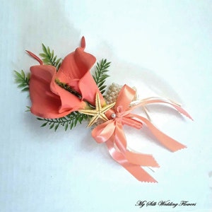 Coral, seaside, destination, starfish,  calla lily, corsage, wrist corsage, wedding, prom,dance.