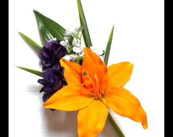 Orange and Plum Boutonniere, Orange Lily Corsage, Plum Corsage, Orange Bout, Wedding, Prom, Dance, Choose your Ribbon.