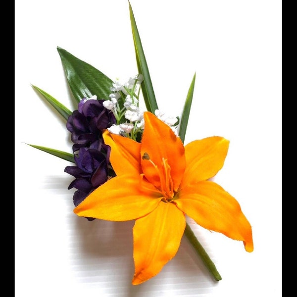 Orange and Plum Boutonniere, Orange Lily Corsage, Plum Corsage, Orange Bout, Wedding, Prom, Dance, Choose your Ribbon.