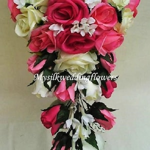 Fuschia, Hot Pink, Pink, Ivory Roses, Stephanotis, Crystals, Silk Wedding Bridal  Cascade  Bouquet