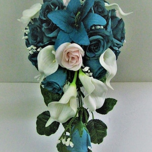 TürkisEr Brautstrauß, Dunkeltürkiser Hochzeitsstrauß, Türkis Rosen Kaskadenstrauß, Teal, Weiß, Blush Hochzeitsstrauß