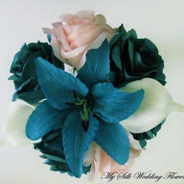 Teal Roses Mini Bouquet, Dark Turquoise Mini Bouquet, Teal, Blush & White Bouquet, Toss Bouquet