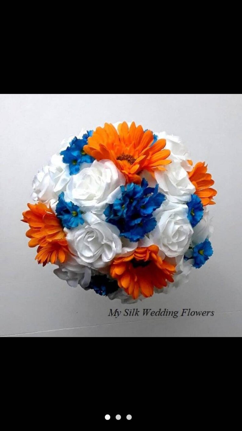 wedding blue forget me not bridesmaid orange daisies silk White roses bouquet bridal toss.