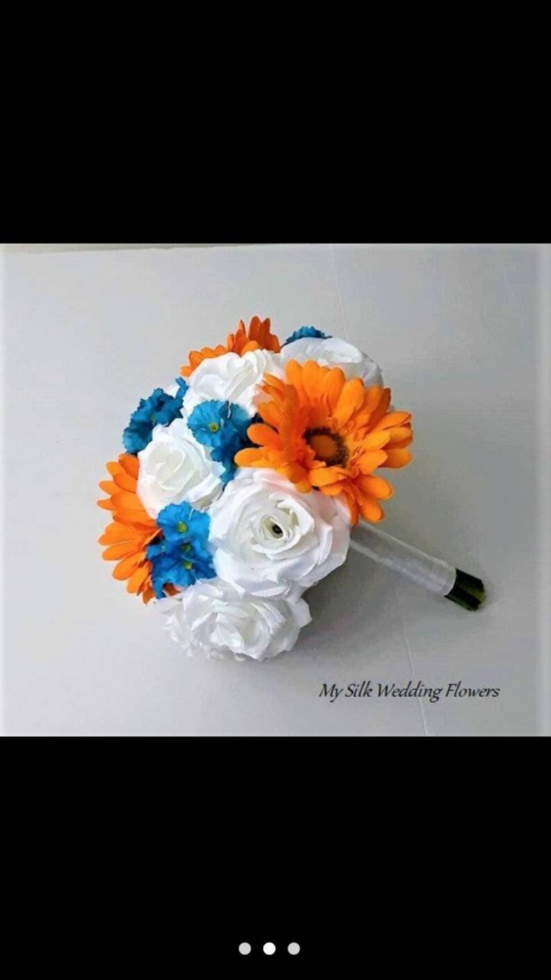wedding blue forget me not bridesmaid orange daisies silk White roses bouquet bridal toss.