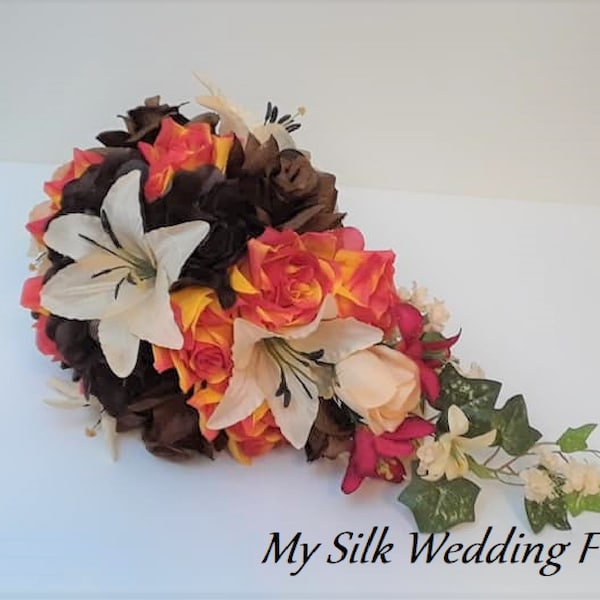 Fall Wedding Bouquet, Red / Orange, Brown, Champagne, Roses, Tiger Lilies, Silk, Wedding, Bridal,