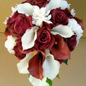 Burgundy Bouquet, Burgundy And Ivory Bouquet, Calla lily And Silk Roses Bouquet, Wedding, Bridal, Bouquet