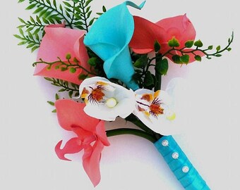 Turquoise and Coral Wedding Bouquet, Calla Lily and Orchid Bouquet, Bride, Bridesmaid, Toss