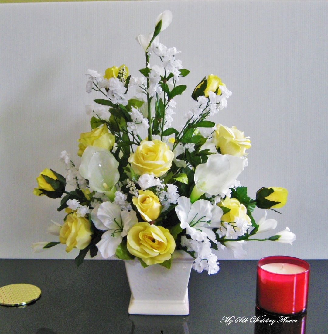 Arreglo de rosas y hortensias artificiales, blanco-amarillo, Ø 36cm -  artplants Arreglos Florales Artificiales