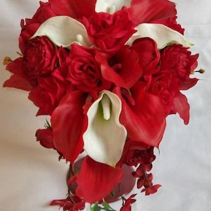Red Calla Lily Bouquet, Red Roses Bouquet, Ivory, Off White, Silk, Real Touch, Cascading, Teardrop, Bridal, Wedding, Bouquet