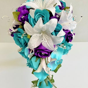 Turquoise and Purple Wedding Bouquet, Turquoise Purple White Wedding Bouquet, Turquoise Roses Cascade Bouquet, Crystal Accent Bouquet