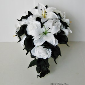 Black and white wedding bouquet, roses, star lilies, real touch calla lilies, silk,  bridal, cascade