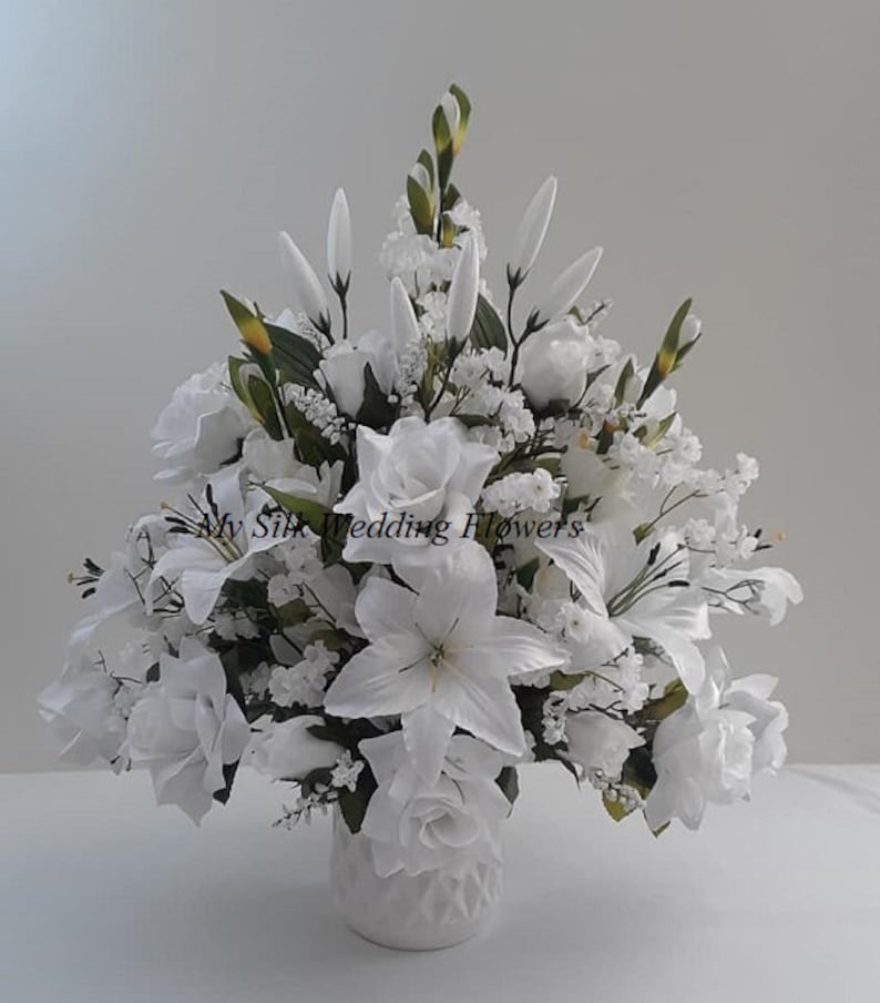 Tall White Wedding Arrangement, Star Lilies, Roses, Gladiolus, Babies