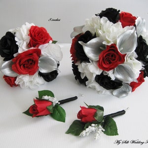 Schwarz weiß rot Silber Hochzeit Bouquet, Multi-Farbe-Hochzeitsstrauß, Mix Blumenstrauß, Silber Calla Lily, schwarz und weiß Bouquet