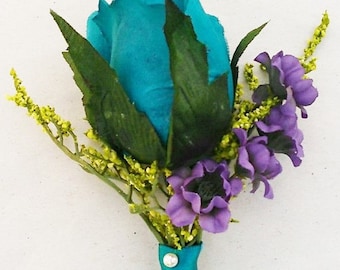 Teal Boutonniere, Dark Turquoise Boutonniere, Purple Accent, Silk, Rosebud, Boutonniere, Bout, Corsage,