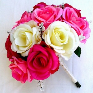 Fuchsia Bouquet, Hot Pink Roses, Pink Bouquet, Ivory Roses Bouquet, Pink Silk Flower Wedding, Bouquet