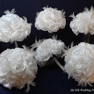 White Roses Bouquet, White Feather Bouquet, White Wedding Bouquet, Roses and Feather Wedding Bouquet, Roses and Feathers Centerpiece image 5