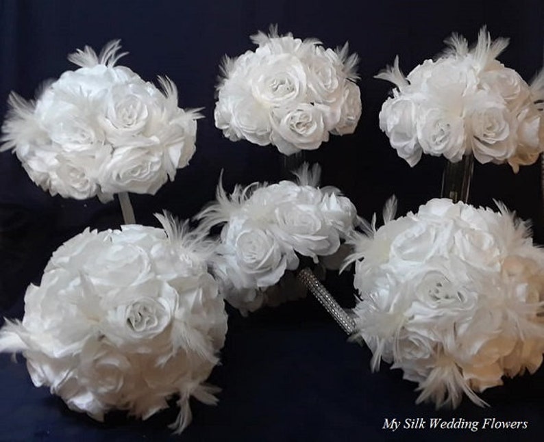 White Roses Bouquet, White Feather Bouquet, White Wedding Bouquet, Roses and Feather Wedding Bouquet, Roses and Feathers Centerpiece image 5