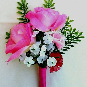 Fuchsia Corsage, Hot Pink Roses Corsage, Carnations Wrist Corsage, Boutonniere, Silk Wedding Flower
