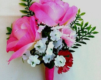 Fuchsia Corsage, Hot Pink Roses Corsage, Carnations Wrist Corsage, Boutonniere, Silk Wedding Flower