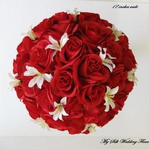Red Roses Wedding Bouquet, Ivory, Freesias, Pearl, Accent,  Bride bouquet, Silk flowers
