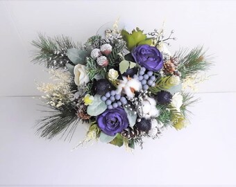 Christmas Bouquet, X'mas, wedding, bouquet, eggplant, grey, pine cones, cotton flower, berries, thistles,