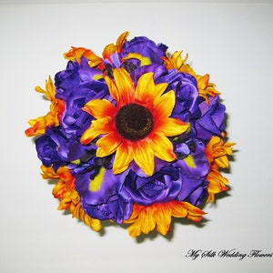 Purple Roses Wedding Bouquet, Orange Sunflowers Wedding Bouquet, Purple Iris Wedding Bouquet, Silk Flowers