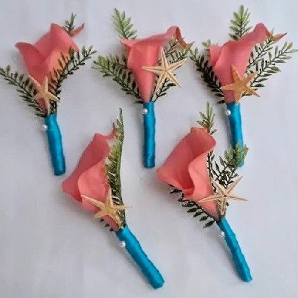 Coral, starfish, calla lily, corsage, boutonniere, beach, seaside, shell, destination, real touch, Choose your ribbon