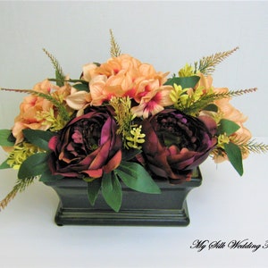 Ready to Ship, Fall, Dark, Burgundy peonies, peach, hydrangeas, centerpiece, floral arrangement, silk, home decor, office decor