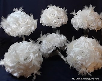 White Roses Bouquet, White Feather Bouquet, White Wedding Bouquet, Roses and Feather Wedding Bouquet, Roses and Feathers Centerpiece