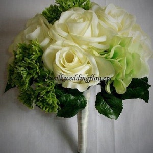 Wedding, Bridal, Bridesmaid, Toss, Bouquet, Ivory, Roses, Green, Hydrangea, Queens Annie's Lace, Silk Flowers