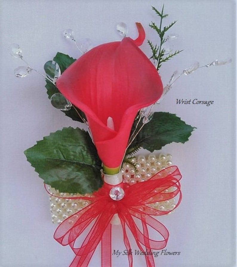 Red Calla Lily Corsage, Boutonniere, Crystals, Wrist Corsage Wedding