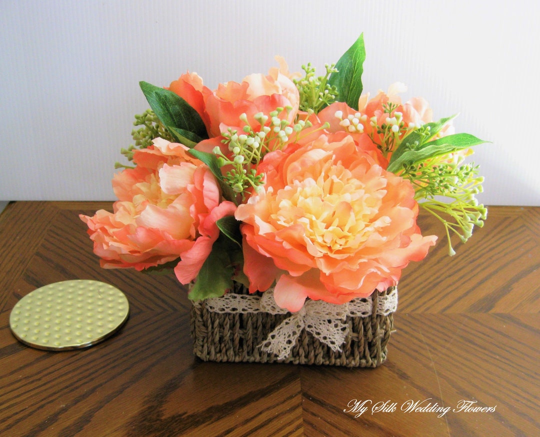 Farmhouse Centerpiece, Peony Centerpiece Peach, Woven Box Centerpiece With Lid, Valentines Day