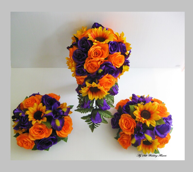 Sunflower and Roses Wedding Bouquet, Orange Gold Sunflowers Bouquet