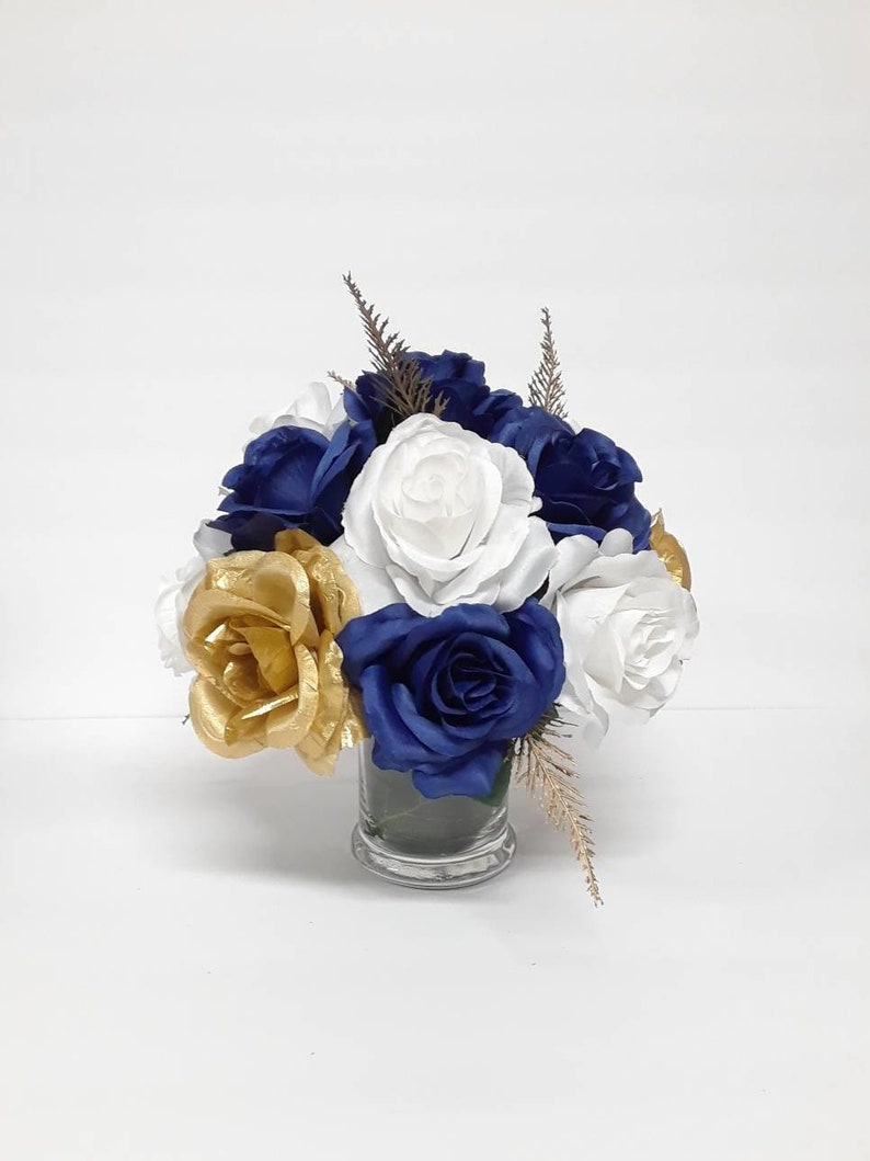 Royal Blue Rose Centerpiece White Roses Centerpiece Gold Etsy