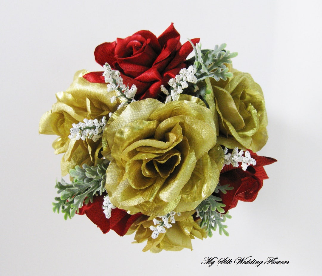 Red and Gold Silk Flower Wedding Bouquet Gold Roses Silk Etsy