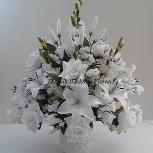 Tall White Wedding Arrangement, Star Lilies, Roses, Gladiolus, Babies Breath, White Silk Flower Arrangement, Church Arrangement