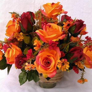 Fall Flower Arrangement, Orange Roses Centerpiece, Roses Silk Flower Arrangement, Mix Flower Arrangement