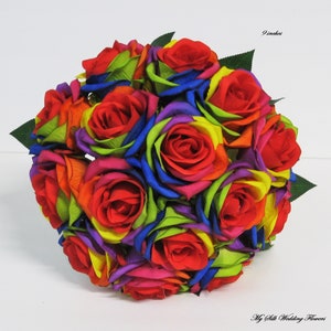 Rainbow Wedding Bouquet, Rainbow Bouquet, Rainbow Rose, Rainbow Rose Boutonniere, Multi Color Rose, choose you ribbon.