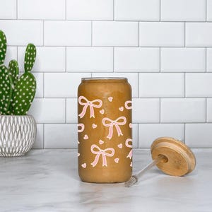 Glass Tumbler with Pink Bows, Coffee Tumbler with Bows, Glass Coffee Cup, Bridesmaid Gift, Flower Girl Proposal, Sipper Cup, Pink Bows Cup