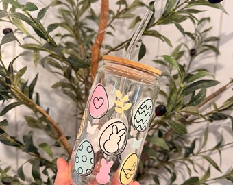 Easter Glass Tumbler, Easter Gift, Easter Bunny Present, Easter Egg Glass Tumbler with Straw