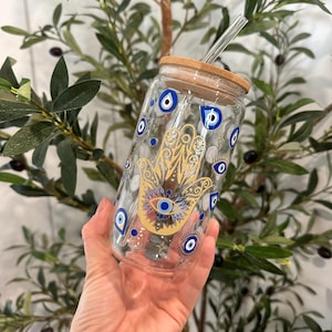 Evil Eye Iced Coffee Glass Tumbler: Gold Hamsa Design, 16oz