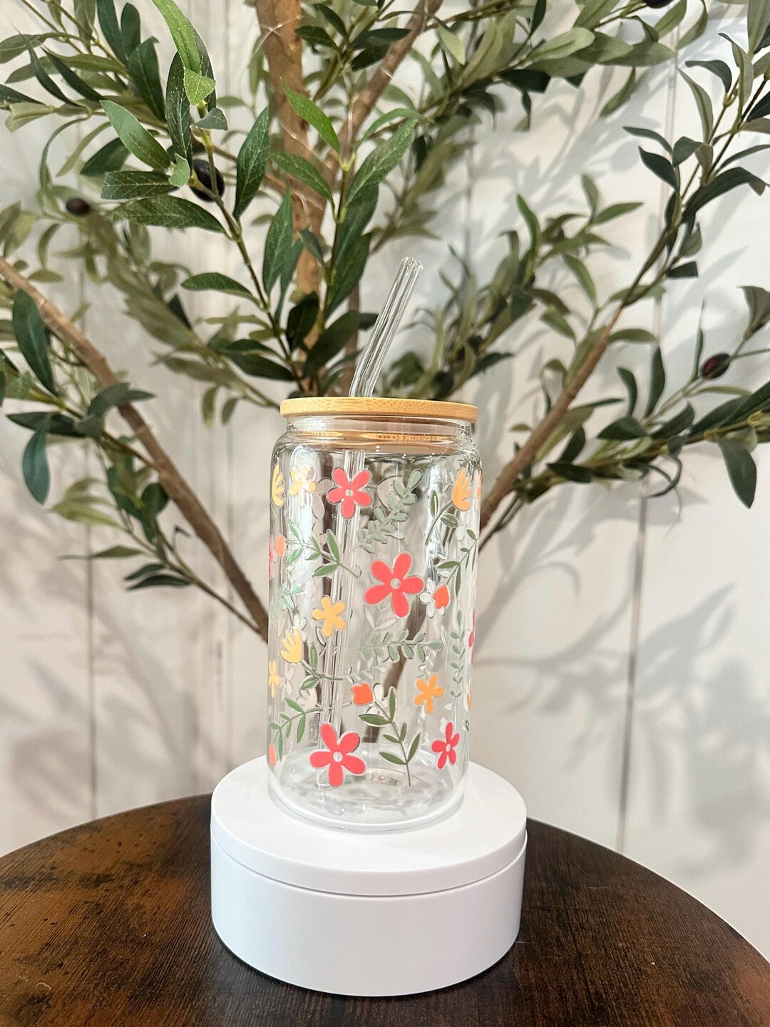 Floral Glass Tumbler With Bamboo Lid & Straw - 16oz Spring Cup - Etsy ...