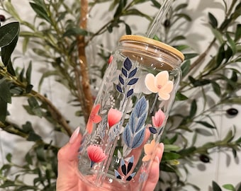 Floral Glass Tumbler With Straw and Bamboo Lid (16oz) - Etsy
