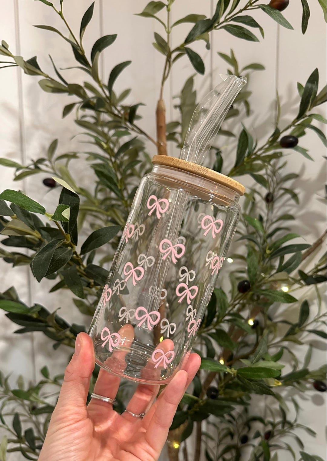 Pink Bows Glass Tumbler: 16oz Coffee Cup With Straw & Bamboo Lid - Etsy
