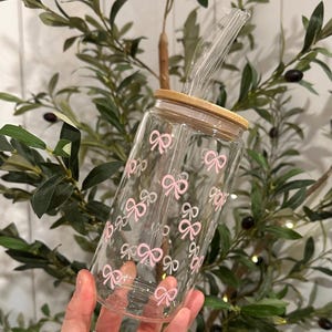 Glass Tumbler with Pink Bows, Coffee Tumbler with Dainty Bows, UV DTF, Glass Cup with Straw, Birthday Gift, Dainty Pink Bows, Pink Bows Cup